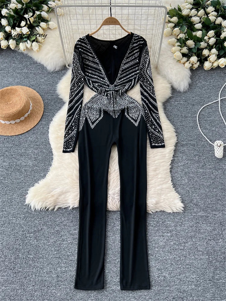 SINGREINY Sexy Senior Bodycon Jumpsuits Women Deep V-Neck Long Sleeves Zipper Diamonds Design Fashion Hotsweet Party Playsuits