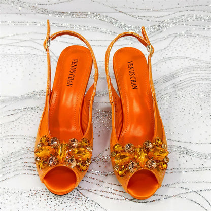 Elegant Orange Color 2025 Rhinestone High-Heels Shoes & Handbag Set – Luxury Wedding & Party Accessories