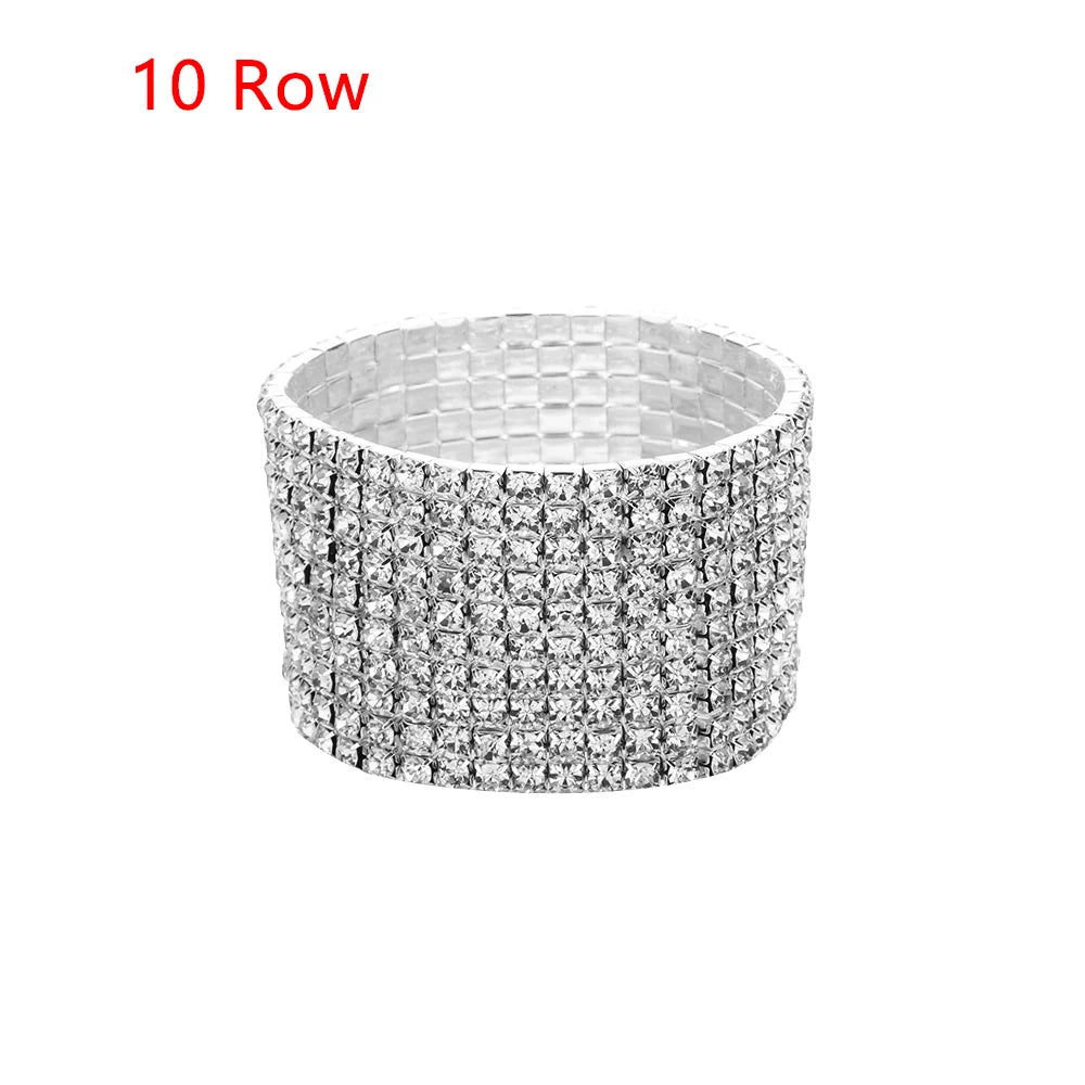 1-10 Rows Fashion Jewelry Bridal Wristband Crystal Rhinestone Elastic Bangle Stretch Bracelet Wedding Bridal Jewelry