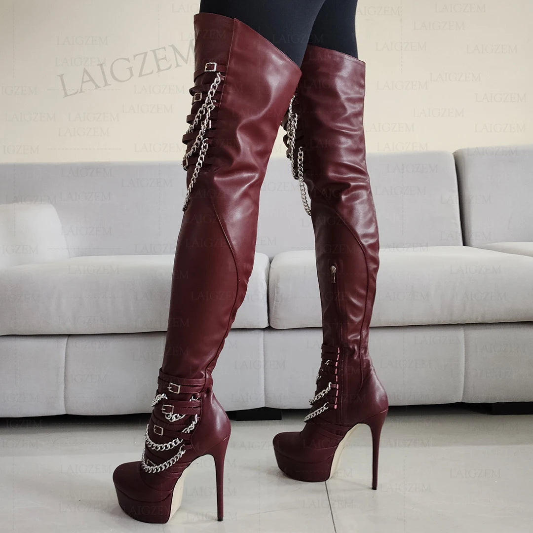 LAIGZEM Women Thigh High Platform Boots Metal Chains Thin High Heels Boots Over Knee Side Zip Shoes Woman Plus Size 42 45 50 52