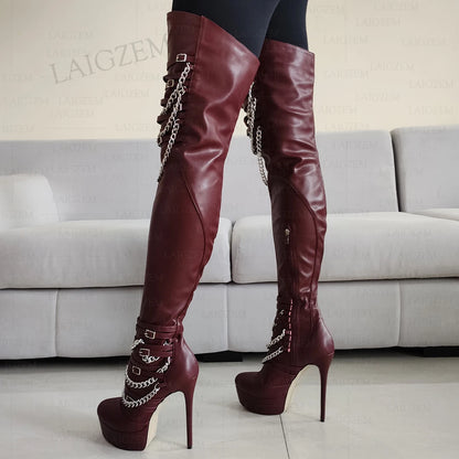 LAIGZEM Women Thigh High Platform Boots Metal Chains Thin High Heels Boots Over Knee Side Zip Shoes Woman Plus Size 42 45 50 52