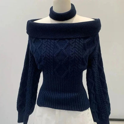 Sexy Off Shoulder Knit Sweater Women Cable Striped Slim Y2K Pullover Fashion Casual Preppy Style Long Sleeve Spring Fall Top