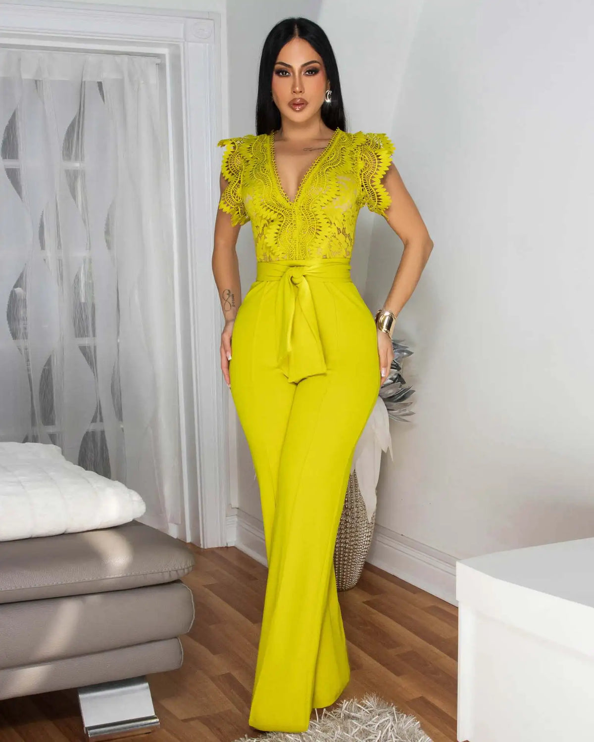 Women's Jumpsuit Elegant Lace V Neck Short Sleeve High Waisted Wide Leg Rompers Sports Fitness Party Banquet Jumpsuites Sexy Y2K