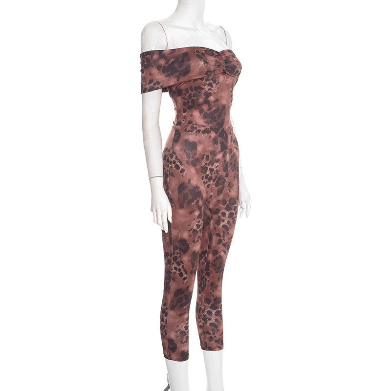 Weird Puss Leopard Print Jumpsuit Women Slash Neck Ruched Patchwork Elegant Sexy Stretch Activity Clubwear Stretch Slim Overalls