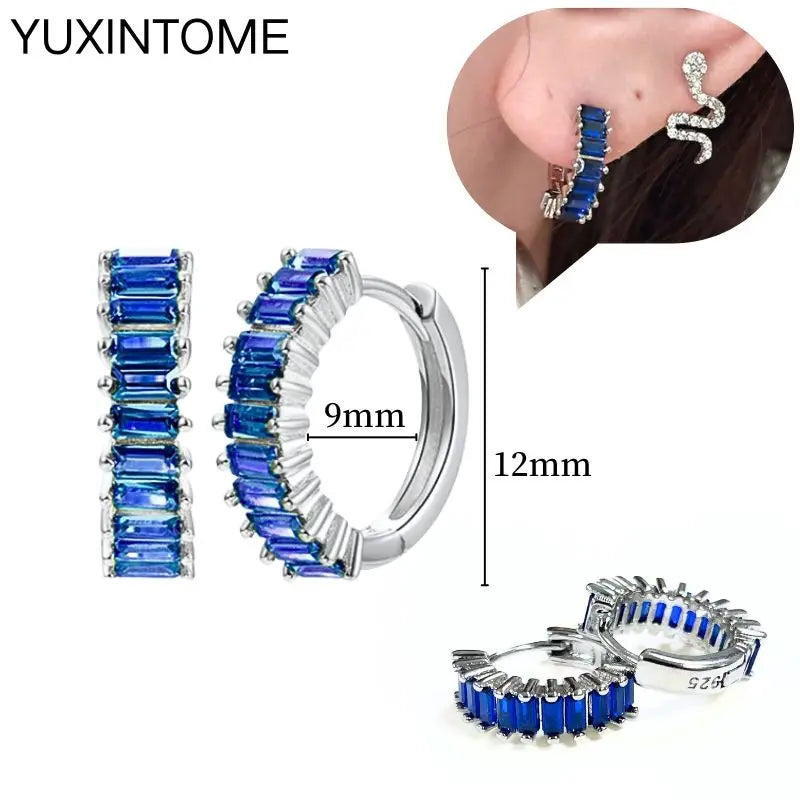 925 Sterling Silver Needle Dark Blue Crystal Silver Earrings Women's Exquisite Heart Blue Pendant Hoop Earrings Luxury Jewelry