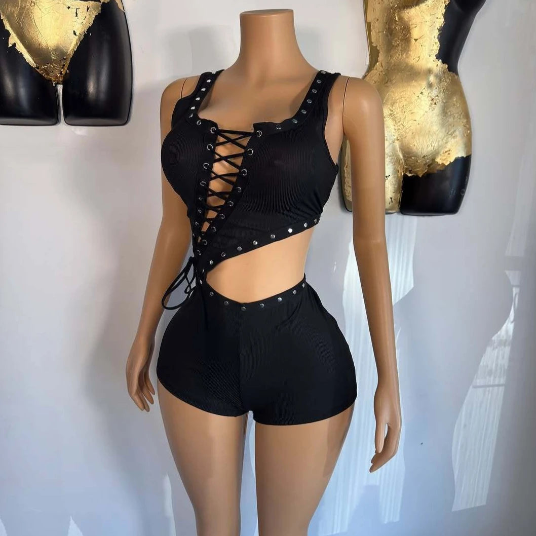 FLARORA Sexy Hollow Out Bandage Rompers Woman Trend Rivet Sleeveless Irregular Skinny Playsuits Hot Girl Party Club Streetwear