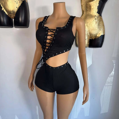 FLARORA Sexy Hollow Out Bandage Rompers Woman Trend Rivet Sleeveless Irregular Skinny Playsuits Hot Girl Party Club Streetwear