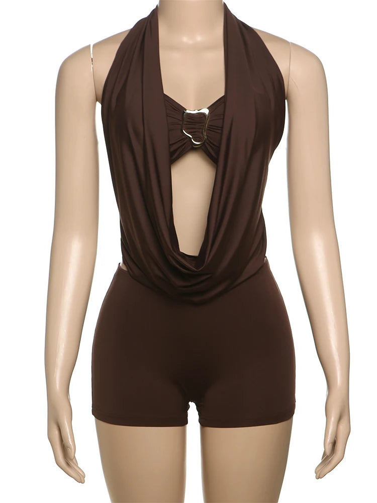 Sisterlinda Swinging Neck Backless Playsuits Sexy Stunning Pleated Backless Slim Rompers+Inside Wrapped Chest Tanks Party Wear