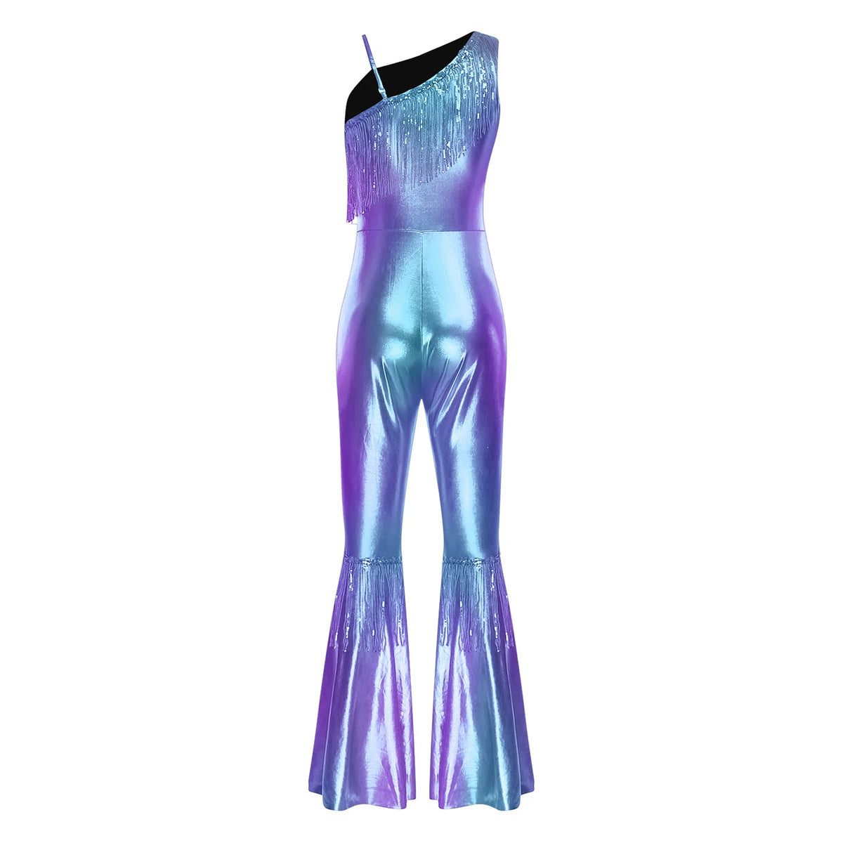 Women Shiny Metallic Jazz Disco Dance Jumpsuit 70s 80s Hippie Costume Sequin Tassels One Shoulder Bell Bottom Bodysuit Rompers