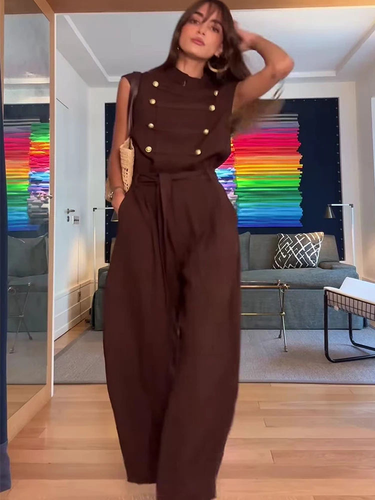 TFMLN Fashion Double Breasted Jumpsuits for Women Stand Collar Sleeveless High Waist Long Pants With Belt Elegant Rompers