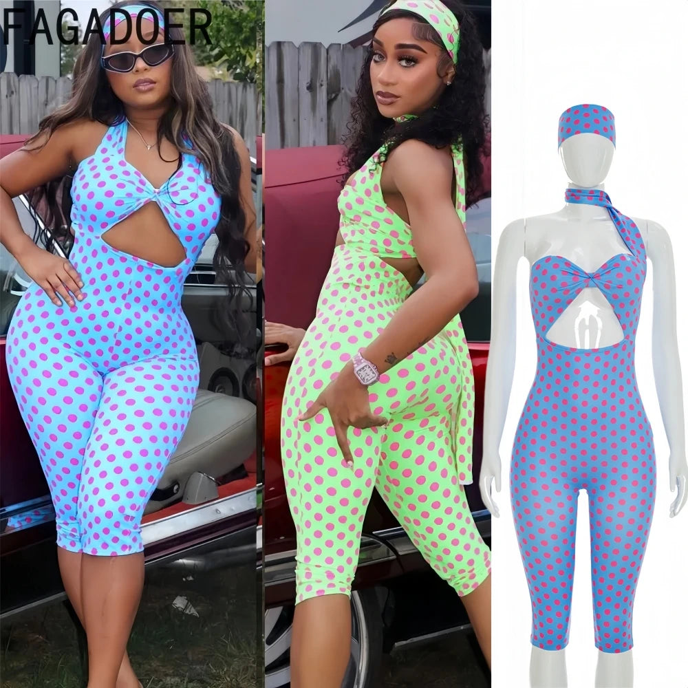 FAGADOER Vintage Fashion Polka Dot Print Bodycon Jumpsuits Woman Halter Deep V-neck Backless Rompers Female Streetwear Overalls