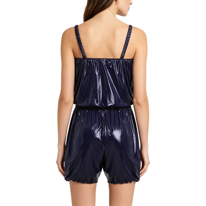 Womens Glossy Waterproof Diaper Cover Sling Bodysuit Waistband Drawstring Legs One-piece Cami Rompers Adaptive Short Jumpsuit
