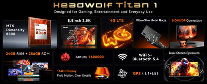 World Premiere Headwolf TiTan1 4G LTE Tablet MTK Dimensity 8300 Dual SIM Slot 8.8" 12G+256GB ROM Android15 7200mAh Gaming Tablet