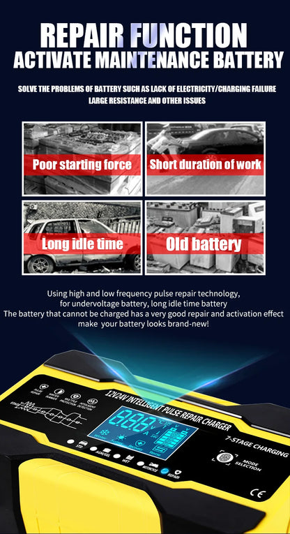 12V 24V Car Battery Charger 10A Smart 7-Stage Pulse Repair Fast Charger, AGM GEL WET Lead Acid Battery Maintainer