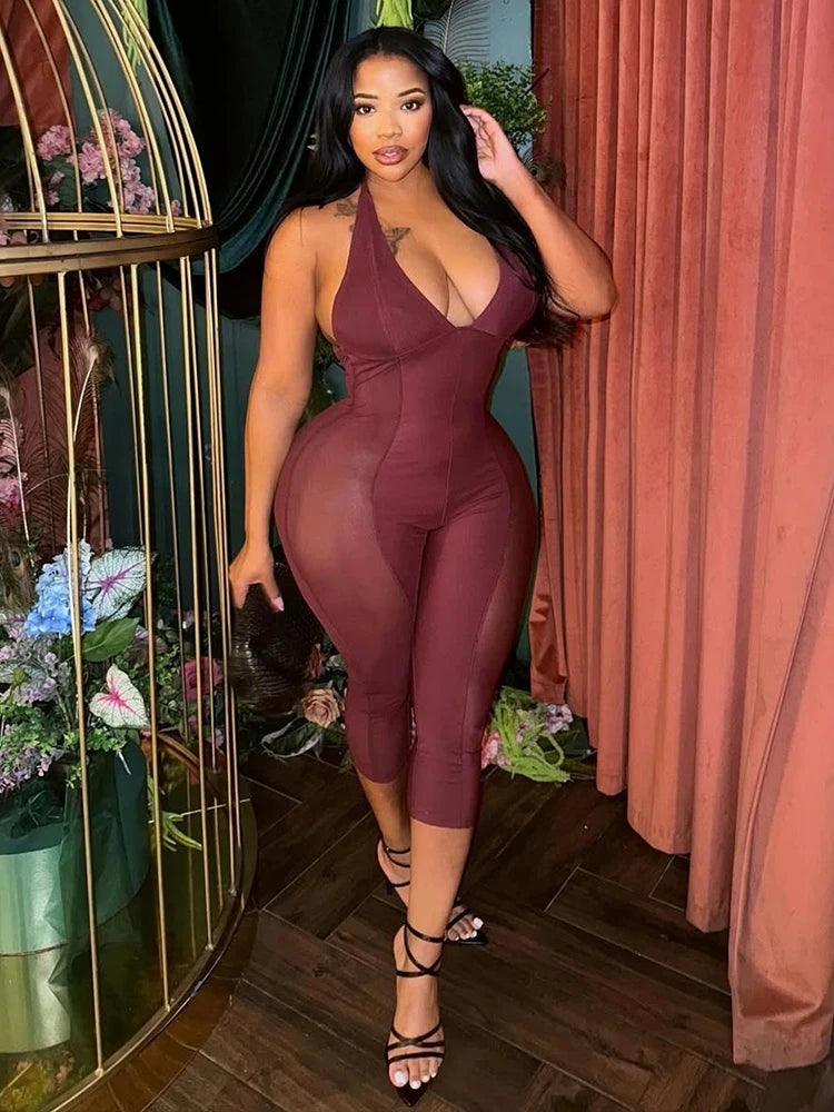 Sisterlinda Fashion Playsuits Woman Mesh Patchwork Halter Low-Neck Backless Skinny Peach Hip Hot Girls High Street Sexy Rompers