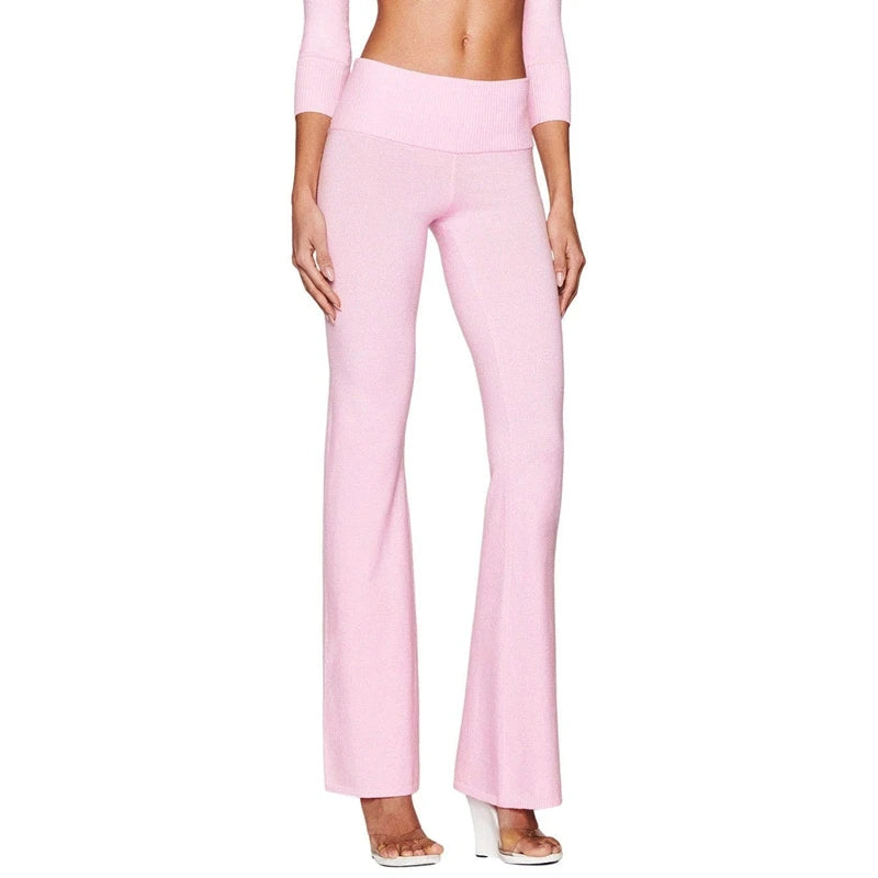 Combhasaki Women's Y2l Knitted Flared Long Pants Slim Fit Solid Color Fold Over Waist Elastic Low Rise Back Bow Decor Trousers