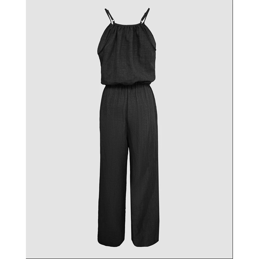 Women's Casual Solid Color Wide Leg Straight Overalls Summer Sleeveless Spaghetti Strap Drawstring Waist Jumpsuits