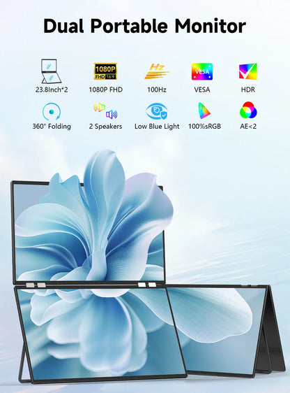 UPERFECT Delta Mega 23.8 Inch 100Hz Dual Screen Stacked Computer Display 1080P 360° Folding Triple Extender Monitor with Speaker