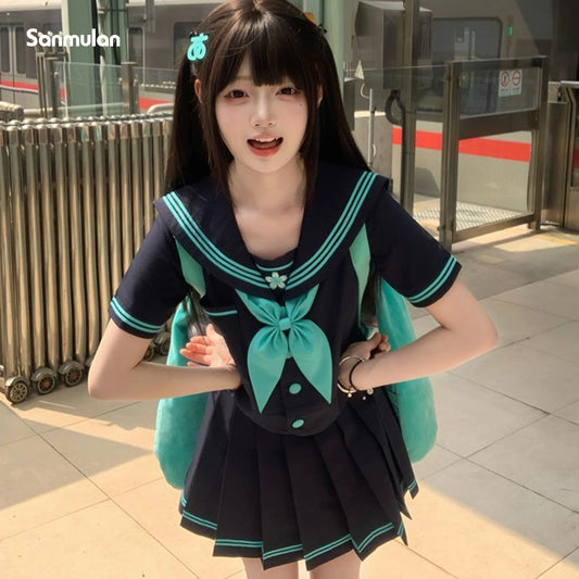 JK Uniform Sailor Suit Genuine Japanese College Style Basic Student Short-sleeved Suit Cute Role Play Short-sleeved Summer Cyan