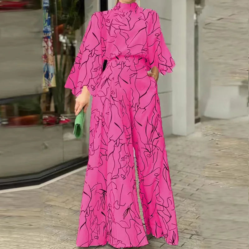 Casual Elegant Jumpsuits Women Autumn New Loose Long Pants Long Sleeve Printed High Waist Wide Leg Jumpsuit Commuting Playsuits