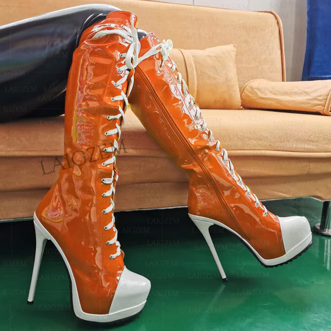 BERZIMER Women Knee High Boots Platform Thin High Heels Full Zipper Up Boots Ladies Shiny Shoes Woman Large Size 40 43 45 47 52