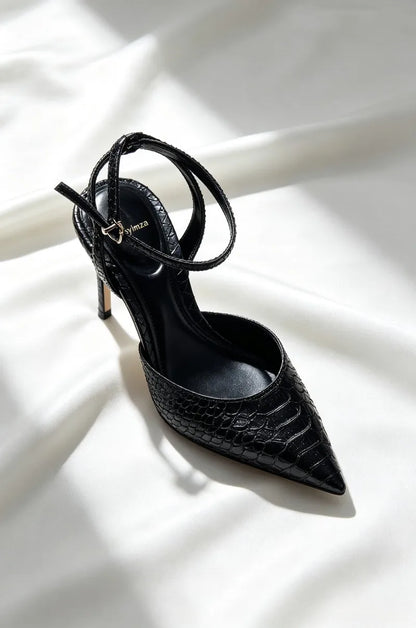Black Embossed Upper Slingback Pumps Women Sexy Pointed-Toe Ankle-Strap Buckle Kitten-Heel Sandals Luxury Brand Designer Shoes