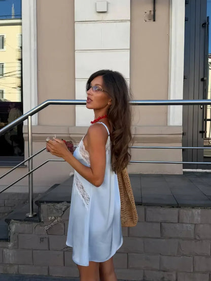 Sexy Blue Satin Lace Slip Mini Dress Women Spaghetti Strap V Neck Hollow Out Bodycon Dresses Lady Summer Beach Short Gown 2026