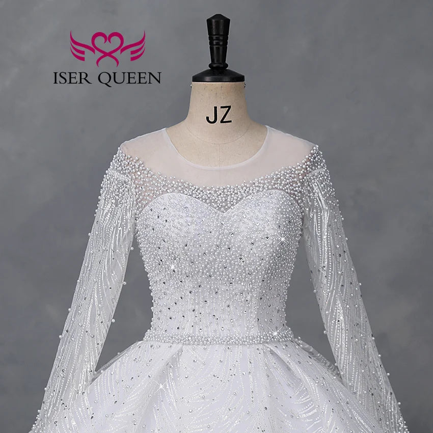 Customized Sheer Neck Long Sleeves Wedding Dress 2026 New Fashion Pearls And Crystal Beaded Luxury Wedding Dress Bride WX0467