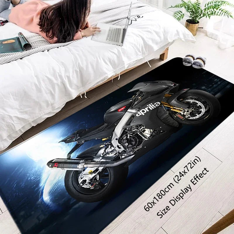 VIKAMA Motorcycle Racing Rug - Non-Slip Floor Mat for Entrance, Anti-Skid Bedside Carpet with Bike Print Home Decor