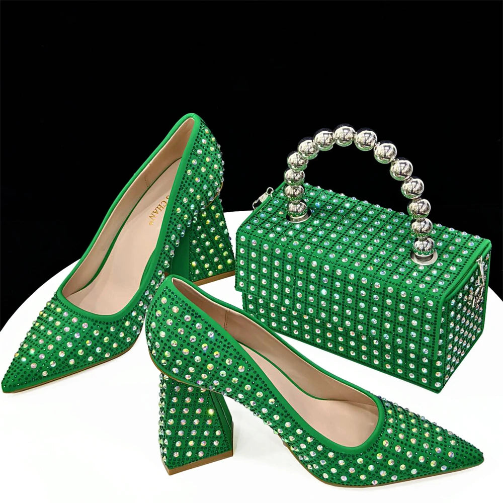 Venus Chan-Nigerian Heel Party for Women Yellow Shoes and Bag Set Rhinestone Handbag Italian Design Wedding INS 2024