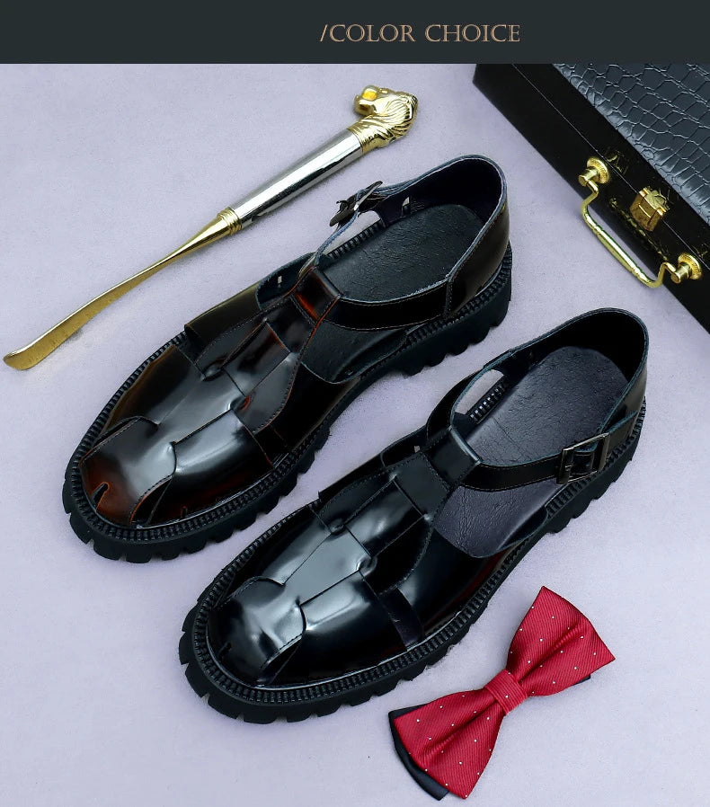 4.5Cm Thick Sole Heightening Sandals Men's Glossy Cowhide Buckle Business Casual British Genuine Leather Summer Sandals for Men