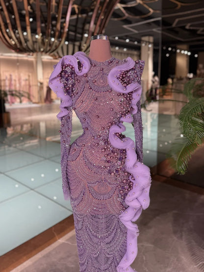 Exquisite Lavender Beaded Evening Gown Dreamy Sheer Neckline Ruffled Pearl Trim Formal Party Dress Wedding Guests فساتين سهرة