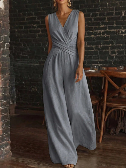 Fashion Light Blue Wide Leg Pants Jumpsuit Women's V-neck Sleeveless Cross Wrap Waist Design Rompers Summer Casual Jumpsuits