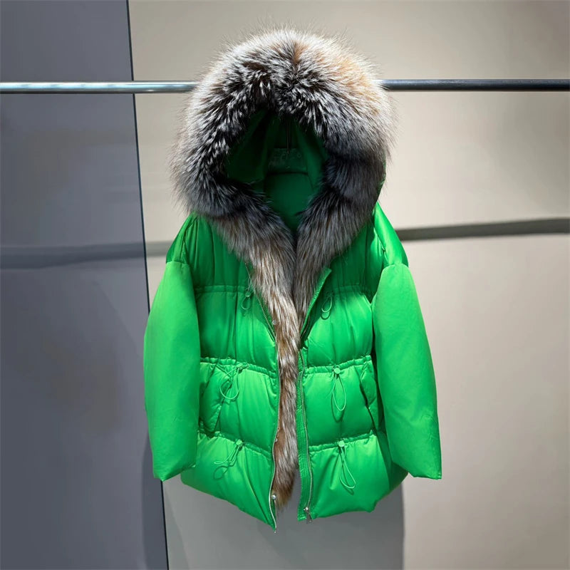 Winter New Arrival Women's Long down Jacket withLargeFox Fur Collar Fashionable Waist-Cinching Drawstring Loose Goose down Coat