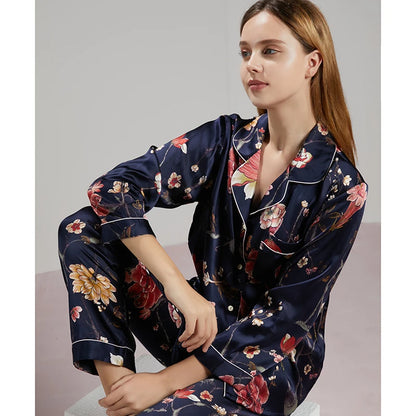 19MM 100% Mulberry Silk Pajamas Women Silk Sleepwear Lady Long-sleeved TrousersTwo-piece Spring Summer  Loose Sexy Home Clothes