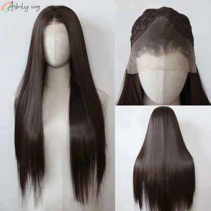 Ashely 13*4 Dark Brown Synthetic Lace Front Wigs Brown Long Straight Lace Front Wig for Women Pre Plucked Natural Hairline