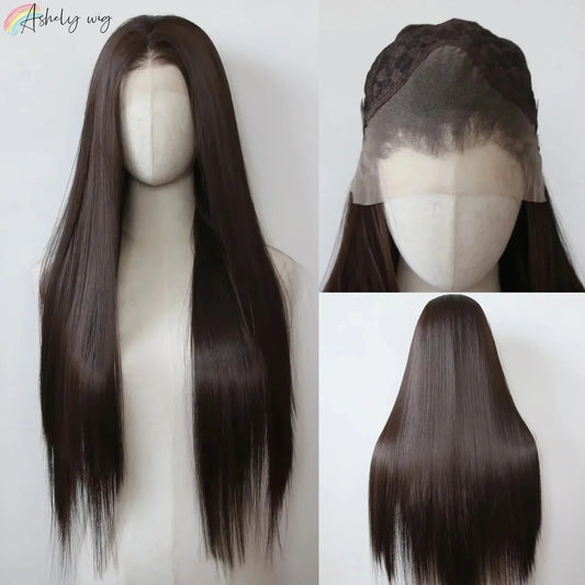 Ashely 13*4 Dark Brown Synthetic Lace Front Wigs Brown Long Straight Lace Front Wig for Women Pre Plucked Natural Hairline