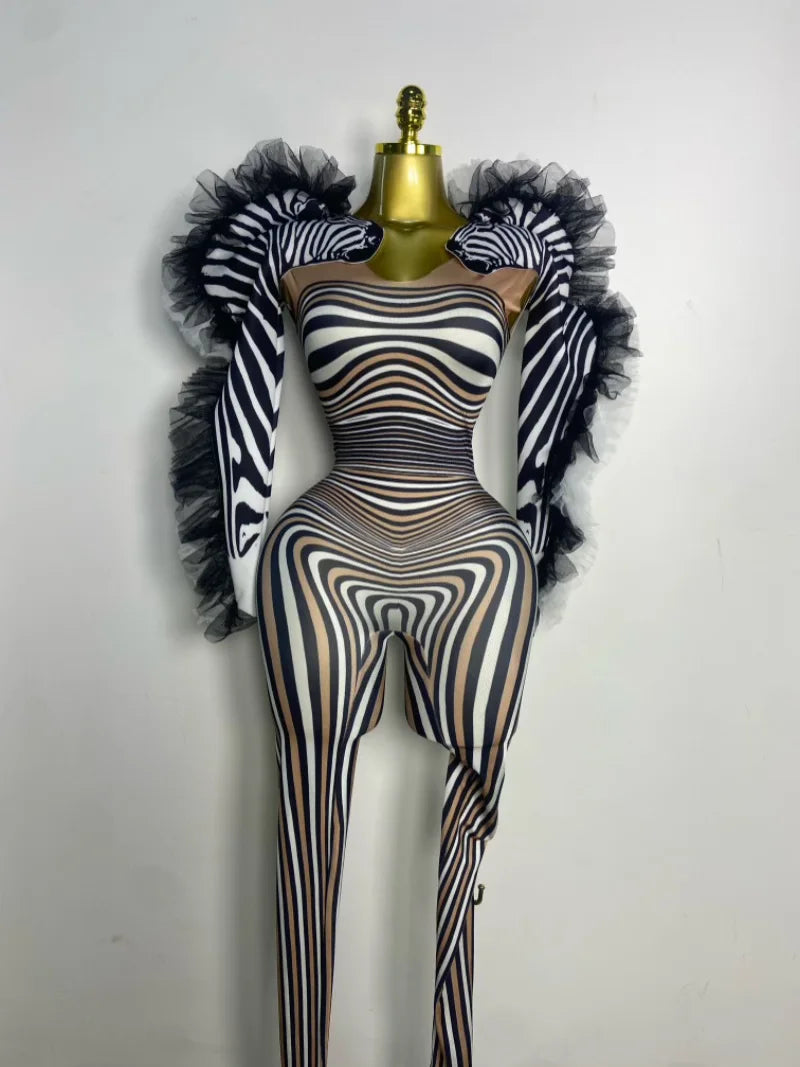 Women Long Sleeve Zebra Stripes Bodycon Jumpsuit Two Piece Set Birthday Party Nightclub Stage Performance Halloween Rompers