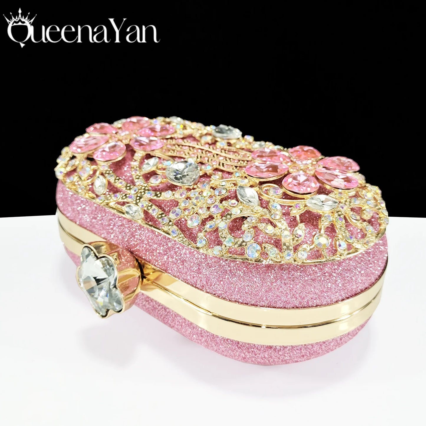 QUEENA YAN Luxury Pink Rhinestone Party Shoes and Clutch for Women- Elegant Crystal Heels with Matching Evening Bag