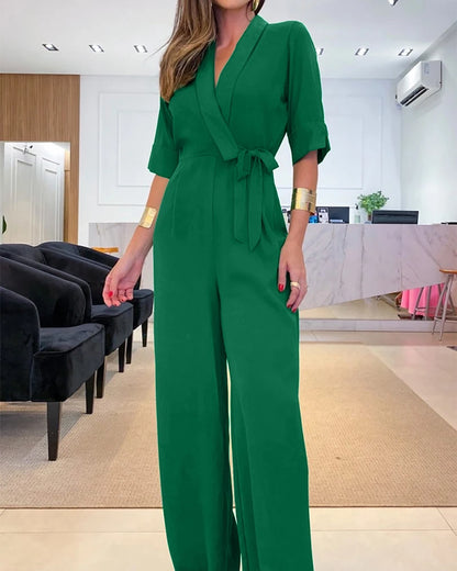 V-neck Half Sleeve Tied Waist Wide Leg Jumpsuits Elegant Lady Workwear