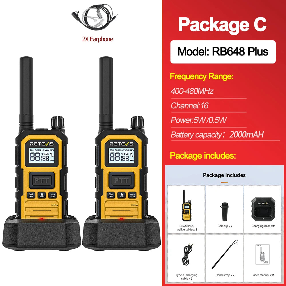 Retevis RB648Plus IP67 Waterproof Walkie Talkie LCD Display Walkie-talkie Long Range Dual PTT Heavy Duty 2 Way Radio for Factory