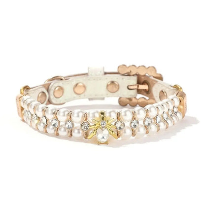 Adjustable Dog Cat Pearl Collars Rhinestone Bling Crystal Cat Necklace Luxury Jewelry PU Neck Strap for Small Dogs for Kitten