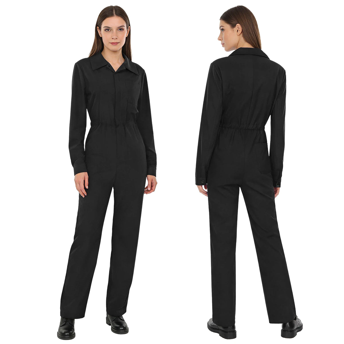 Womens Fashion Work Coverall Rompers Casual Solid Color Turn-Down Collar Long Sleeve Button Jumpsuit Travel Holiday Cargo Pants