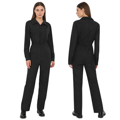 Womens Fashion Work Coverall Rompers Casual Solid Color Turn-Down Collar Long Sleeve Button Jumpsuit Travel Holiday Cargo Pants