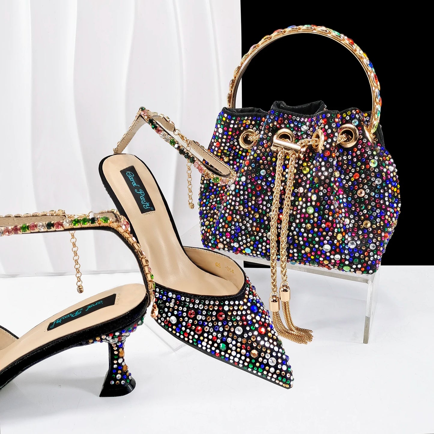 Newest Noble and Elegant Combination Style Colorfulr Rhinestone Design Olive Color Party Wedding Pointed Toe High Heel and Bag