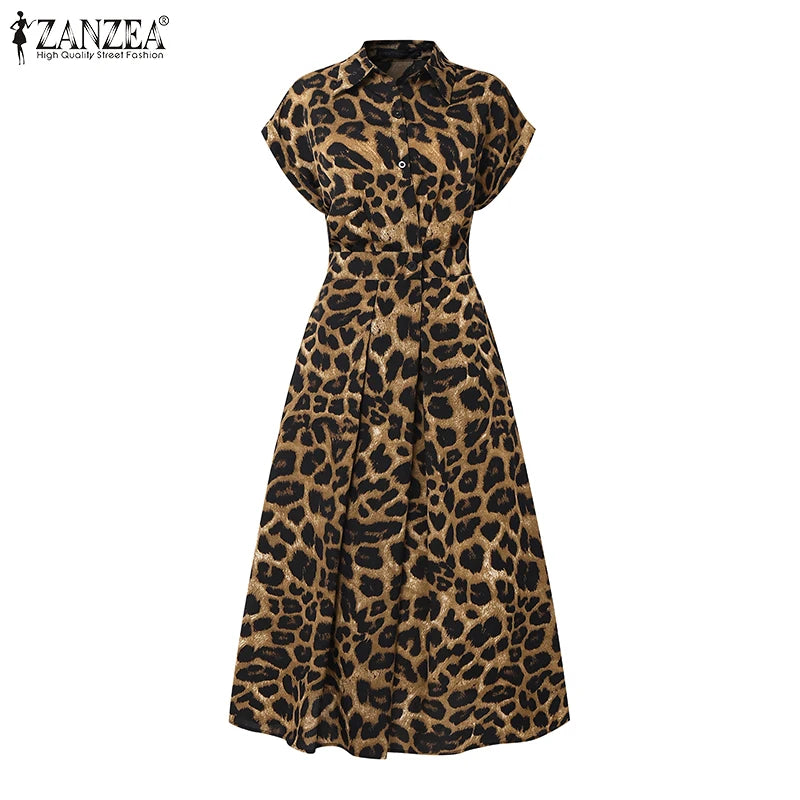 2025 Summer Leopard Print Dresses ZANZEA Women Maxi Long Dress Lapel Neck Short Sleeve Work Vestidos Robe Officewear Sundress