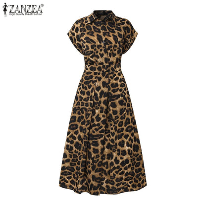 2025 Summer Leopard Print Dresses ZANZEA Women Maxi Long Dress Lapel Neck Short Sleeve Work Vestidos Robe Officewear Sundress