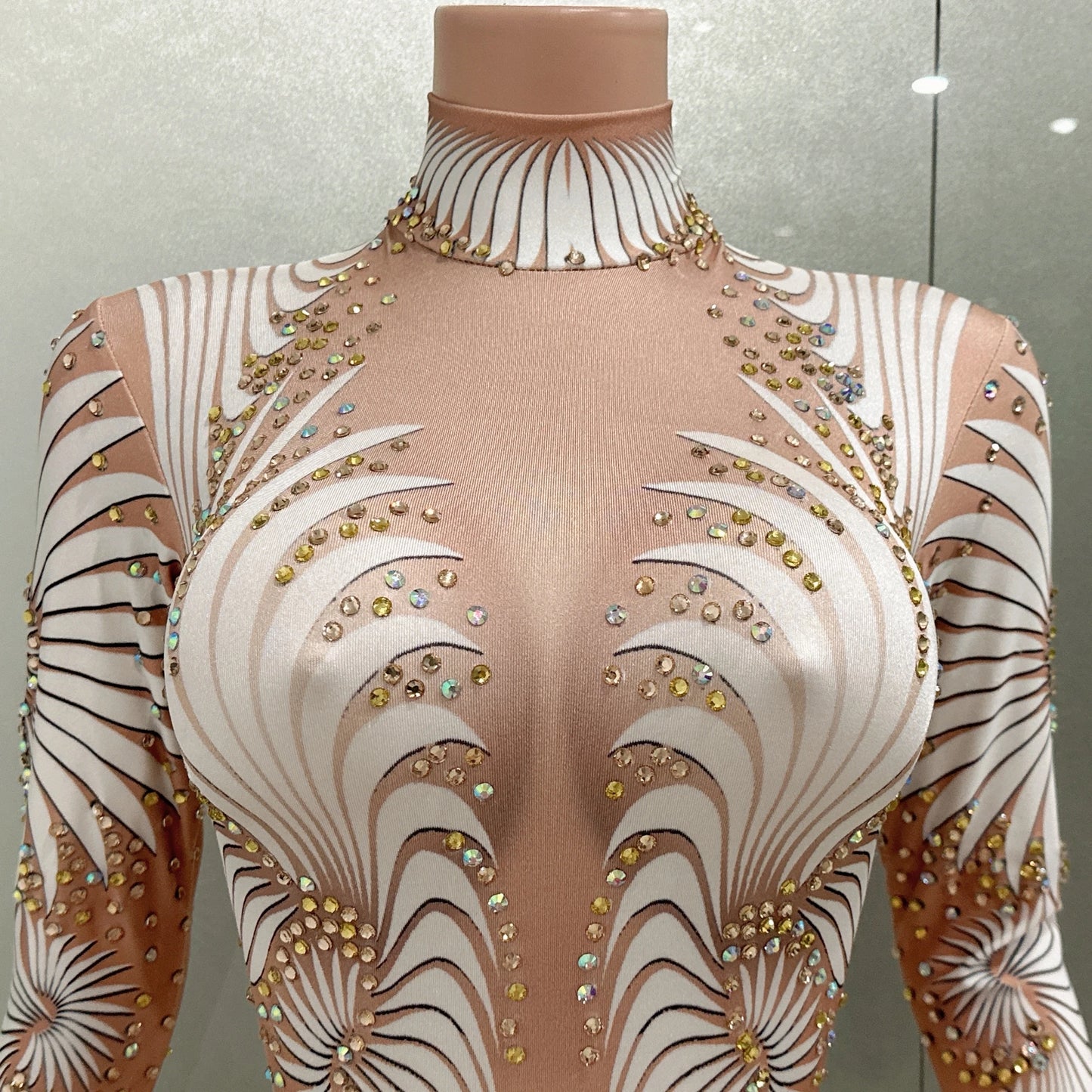 White Printing Shinning Diamonds Sexy Elastic Sheath Long Jumpsuit Evening Party Performance Bar DJ Nightclub Singer Stage Wear