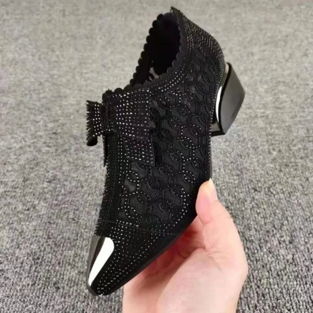 Women's Pointed Toe Sandals Luxury Breathable Mesh Bowknot Rhinestone Clear Elegant Mid-Heeled Simple Pump Shoes Mesh Sandals