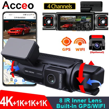 4 Channel GPS WIFI Car Dash Cam 360 Panoramic 8 IR Night Vision Lights 24H Parking Front 4K Inside/Rear/Left 1K Video Recorder
